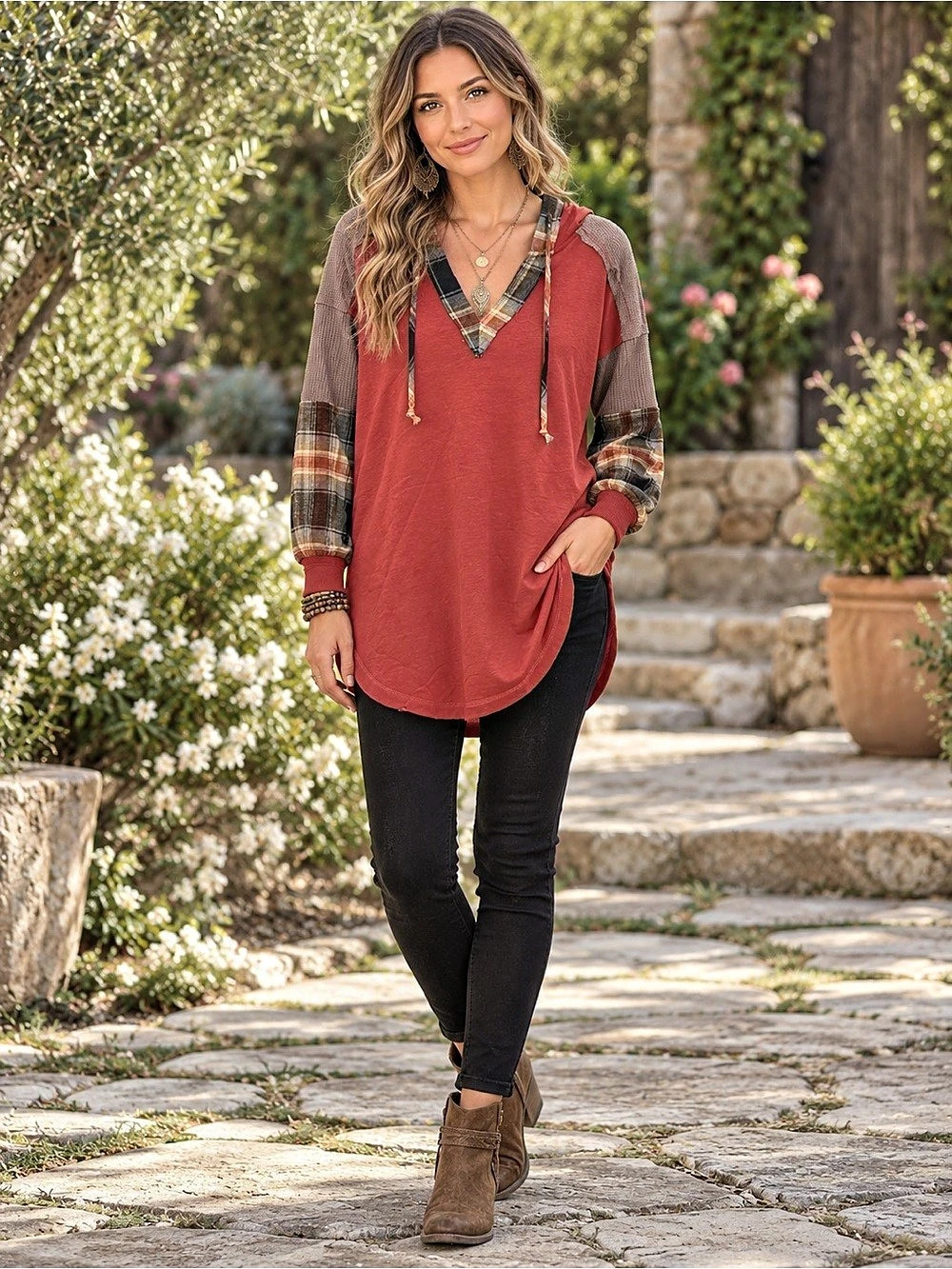 H144 Oli & Hali M ptp24 Plaid Hoodie Tunic in Rust Red Top